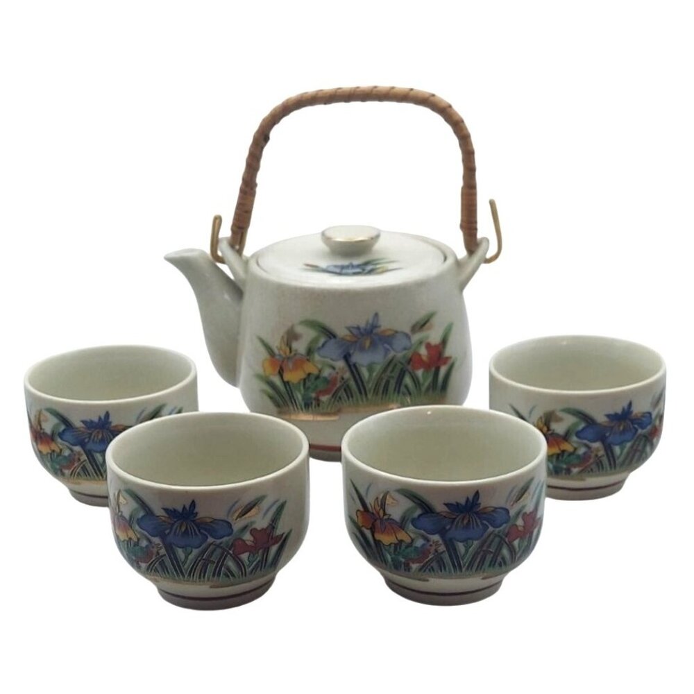Vintage Japanese Kutani Porcelain Tea Set Bamboo Handle Teapot & 4 Cups Floral